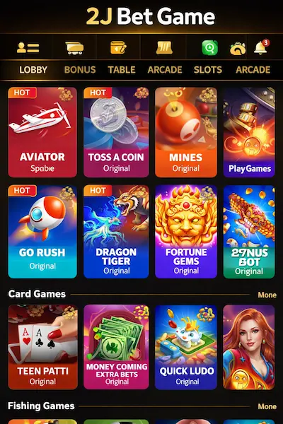 2J Bet Game mobile interface showing slots and card game options