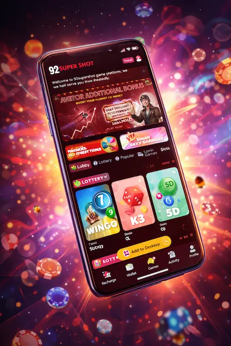 Mobile screen showing the 92Super Shot Game app interface with colorful casino games, bonus banners, and a vibrant animated background design