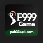 P999 Game feature image with cricket player design and pak33apk.com branding