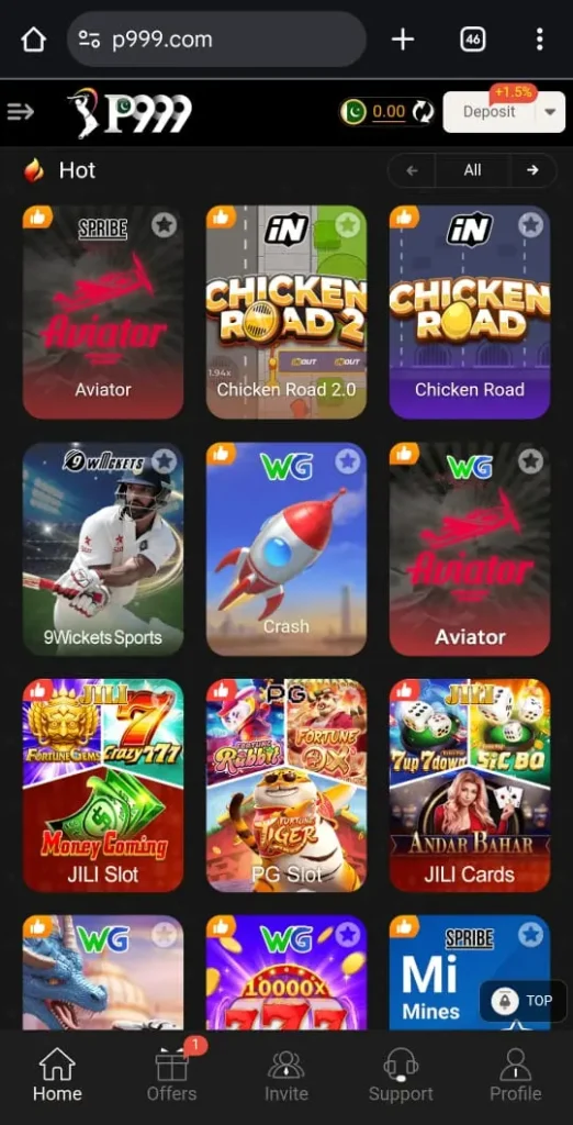 P999 Game app interface showing casino games, wallet balance, and bonus options for Pakistani users