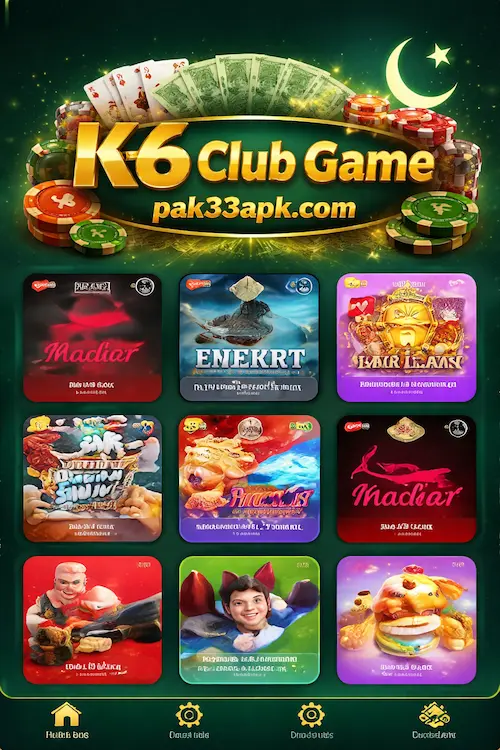 K6 Club Game mobile app home screen showing multiple casino games with green themed background and pak33apk.com site name