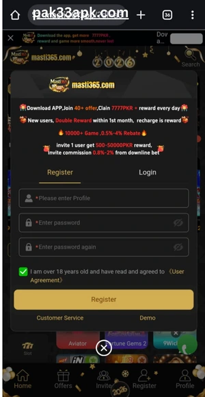 Register screen of Masti365 Game