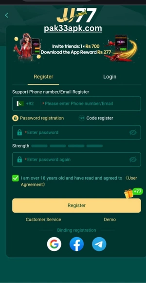 Register and login in jj77 Game
