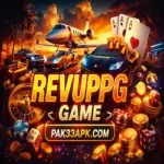 Revuppg Game casino app banner showing luxury cars, jet, casino chips, cards and coins with pak33apk.com text