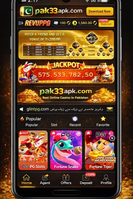 Mobile casino gaming app home screen with slots, jackpot banner, referral bonus section and pak33apk.com branding, showing popular PG slot games and deposit options on Android mobile screen.