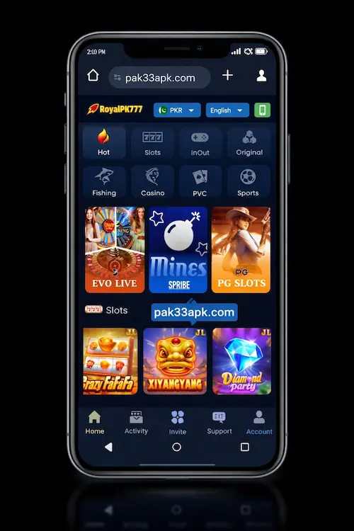 royalpk777 game mobile interface showing games