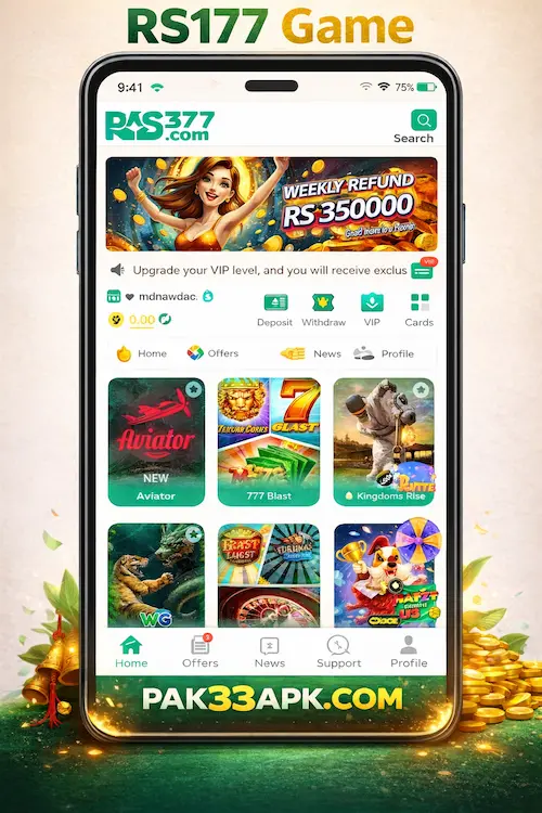RS177 Game mobile app home screen showing online casino games with Pak33apk.com branding at the bottom and RS177 Game title at the top