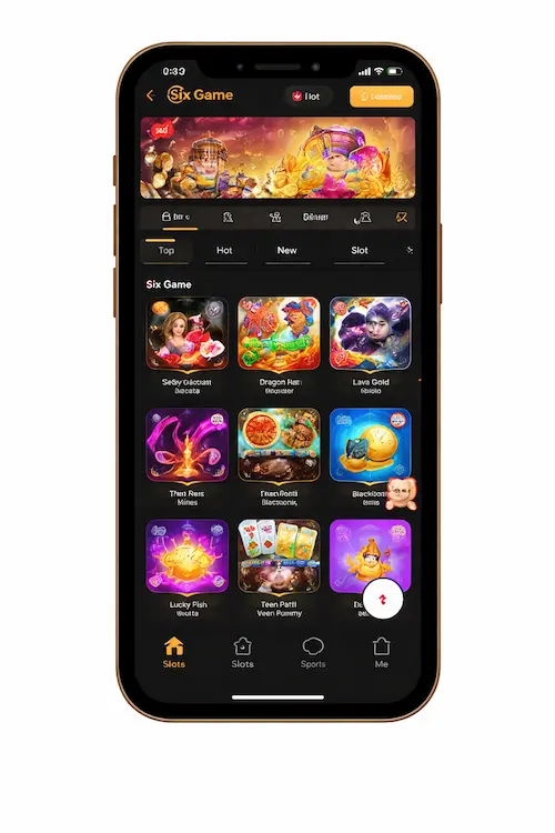 Six Game casino app mobile screen showing slots, teen patti, rummy and other popular games in portrait view
