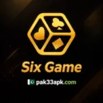 Six Game official logo with golden dice design and pak33apk.com site branding on dark background