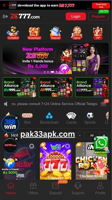 ZC777 app dashboard interface with games and wallet options