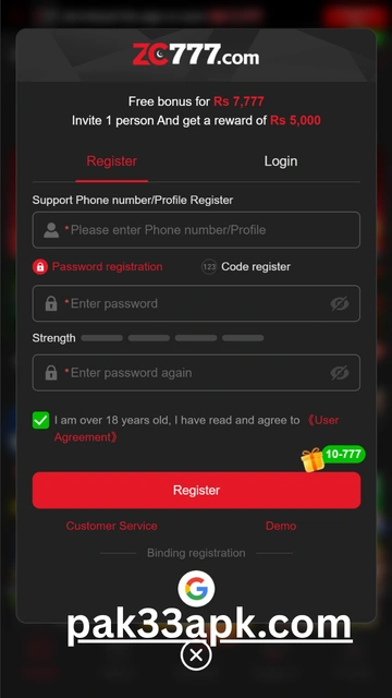ZC777 app register screen showing signup form on Android device