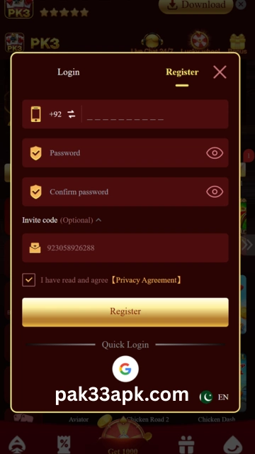 Pk3 Game register screen showing account signup process in Pakistan