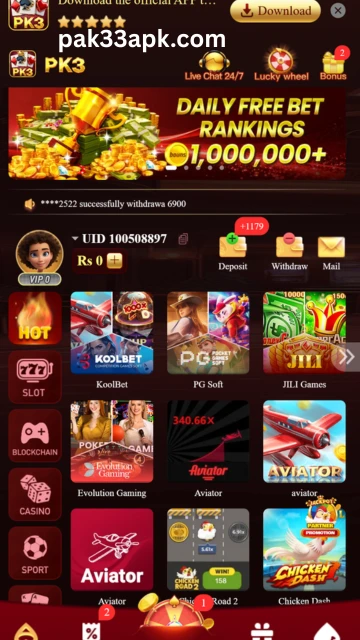 Pk3 Game dashboard interface showing balance, games, and earning options